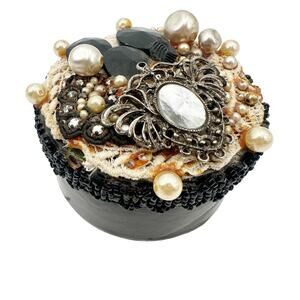 vintage embellished black Round trinket Box lace beads brooches faux pearls